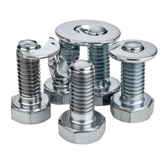 Close-up of shiny, metallic bolts with different head shapes and washer details