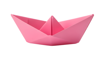 Pink origami paper boat floating on water isolated on white background.