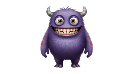 Purple furry monster with horns and big smile.