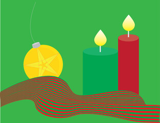 A vector art of a set or collection of a christmas decorations, included are lit candles, christmas ribbon and star christmas ball. 
