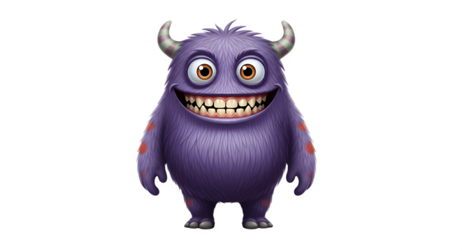 Purple furry monster with horns and big smile.