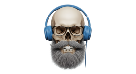 Skull with headphones and beard wearing glasses.