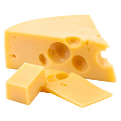 Close-up of cheddar cheese, a large triangular block, with smaller pieces