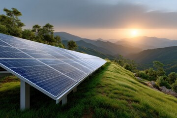Solar panels on a grassy hill against a mountainous sunset backdrop