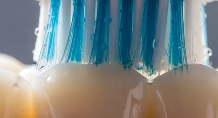 Close-up of Blue Toothbrush Bristles Cleaning White Tooth with Water Droplets