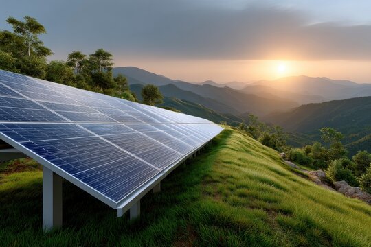 Solar panels on a grassy hill against a mountainous sunset backdrop