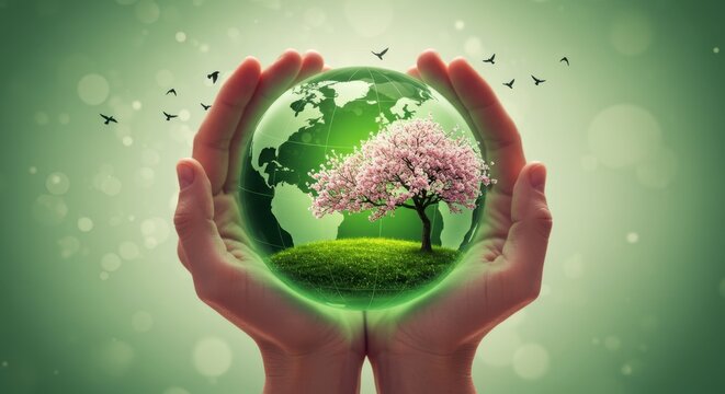 Hands hold globe with tree and birds. Save planet concept. - Powered by Adobe