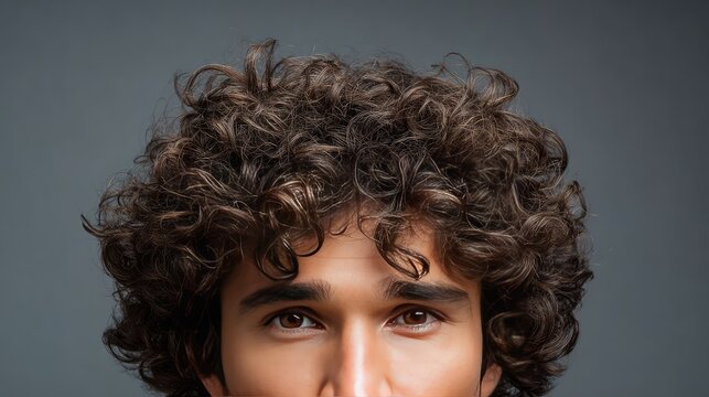 Portrait of a young man with curly hair and expressive gaze against a neutral background, highlighting natural beauty and individuality in a studio setting.