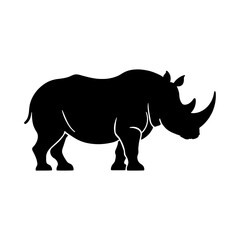 Black silhouette of a rhinoceros standing on a white background
