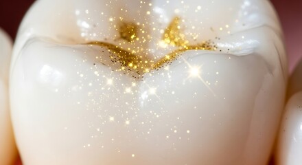 Fototapeta premium Close Up of a Healthy White Tooth with Sparkling Gold and White Dental Sparkles on Cavity-free Surface