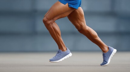 Dynamic Close-Up of a Male Athlete's Lower Leg Muscles While Running on Track Surface in Bright Athletic Footwear Capturing Power and Speed in Motion