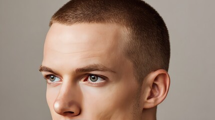 Fototapeta premium Close-up Portrait of a Serious Young Man with Short Hair and Intense Blue Eyes on a Neutral Background, Perfect for Personal Branding or Fashion Content