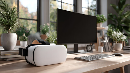 Virtual Reality Headset on Modern Workspace Desk | VR Technology in Contemporary Office Setting | Enhance Productivity with VR Headset in Home Office
