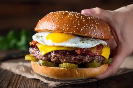Stacked burger with egg cheese bacon pickles on a sesame seed bun held by a hand resting on burlap - Powered by Adobe