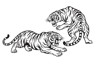 Fierce illustration of two tigers in a confrontational pose, showcasing their stripes and roaring mouths, isolated on transparent background
