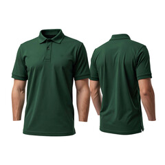 Front and back view of a dark green polo shirt, presented against a black background