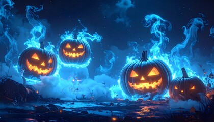 Spooky glowing jack-o'-lanterns levitate amidst eerie blue flames and mystical fog on a dark, star-filled Halloween night