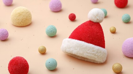 Fototapeta premium Festive Red Santa Hat Surrounded by Colorful Decorative Balls on a Soft Beige Background, Perfect for Holiday-Themed Designs and Creative Projects