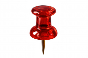 Red thumbtack object with a glossy plastic head and a sharp metallic pin point, acting as a location marker