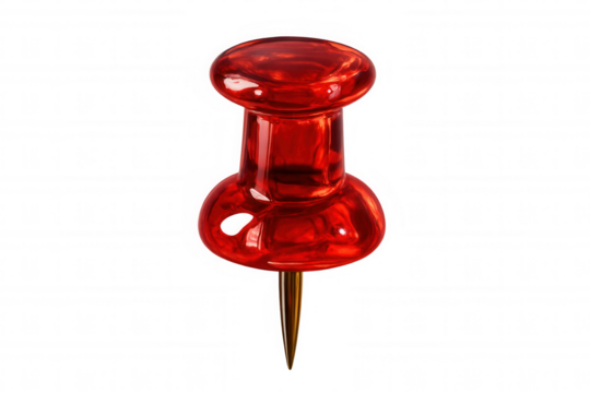 Red thumbtack object with a glossy plastic head and a sharp metallic pin point, acting as a location marker