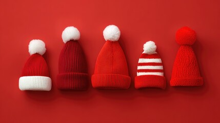 A Collection of Colorful Winter Hats Arranged on a Bright Red Background, Showcasing Different Styles, Patterns, and Textures Ideal for Seasonal Fashion and Holiday Cheer