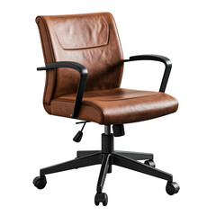 A brown leather office chair with black arms, base, and wheels; isolated on black