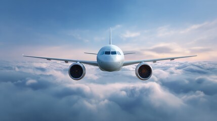 Naklejka premium A Modern Passenger Airplane Flying Above the Clouds During Sunrise with a Clear Blue Sky, Representing Travel, Freedom, and Adventure for Stock Photos