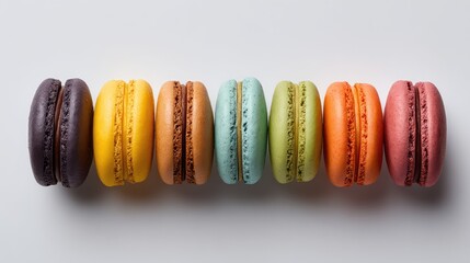 Colorful macarons arranged in a line on a neutral background showcasing vibrant flavors, textures, and artistic culinary presentation ideal for dessert enthusiasts and food photographers.
