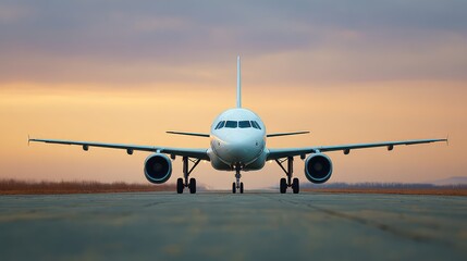 Airplane on Runway at Sunset with Warm Sky Colors and Dramatic Clouds, Symbolizing Travel, Aviation, and Freedom in the Modern World