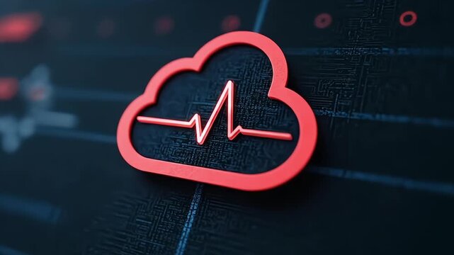 Cloud computing health monitoring with vital sign pulse in red color scheme