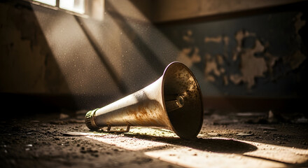 Dramatic light on vintage megaphone in abandoned, dusty room