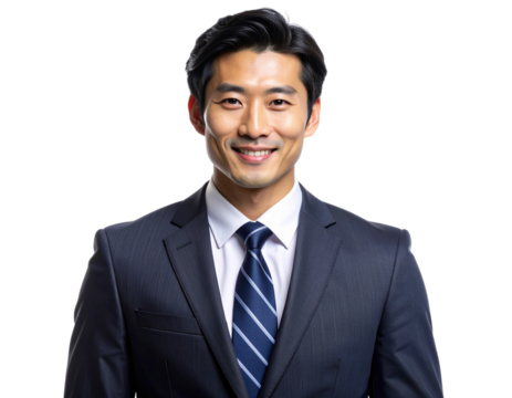 Confident Asian Businessman Smiling Portrait in Formal Suit and Tie, Isolated on Transparent Background