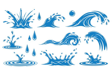 Dynamic water splashes and waves in various forms, illustrating the movement and energy of liquid, isolated on transparent background