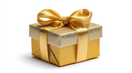 Obraz premium Elegant golden gift box with a shiny ribbon, perfect for any festive occasion, celebration, or special event, conveying joy and surprise to recipients worldwide