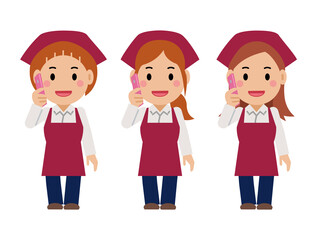 スマホで電話する真紅のエプロンと三角巾の女性。その2