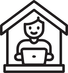 Person working on a laptop inside a simple house outline icon