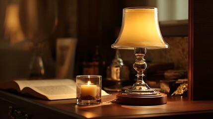 Antique Style Table Lamp and Candle on a Desk / アンティーク調のテーブルランプとキャンドル