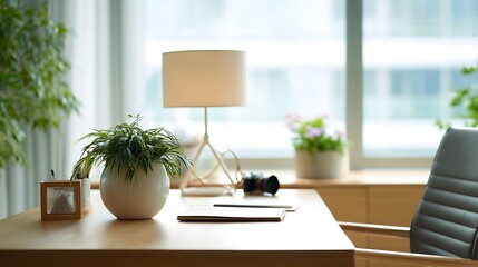 Modern Home Office Desk by a Bright Window / 明るい窓辺にあるモダンなホームオフィス