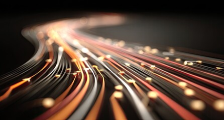 Abstract depiction of glowing, curved light trails with particles against dark background
