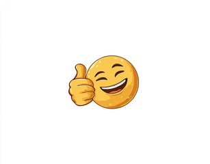 A smiling yellow face gives a thumbs-up, set against a stark white background