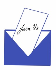 An open blue envelope with a handwritten letter inviting you to Join Us. A concept for recruitment, membership, and community outreach
