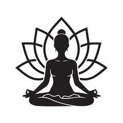Yoga Meditation Silhouette: Woman in Lotus Pose with Abstract Lotus Flower Design
