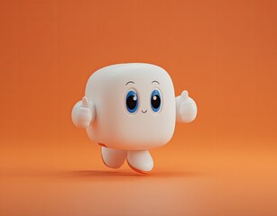 A cute, white, rounded character with big eyes gives thumbs up against orange