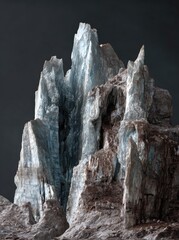 Jagged ice structure against a dark backdrop, textured with streaks of blue