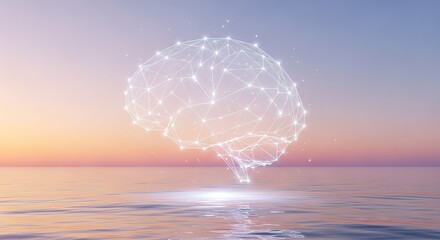 Innovative brain network over calm ocean at sunset inspires mindfulness, AI breakthroughs, and mental health solutions with a modern, vibrant feel