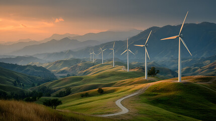 Wind Turbines on Hills &ndash; Renewable Energy Landscape, Sustainable Wind Power at Sunset &ndash; Green Energy Scene, Scenic Wind Farm in Rolling Hills &ndash; Eco-Friendly Energy
