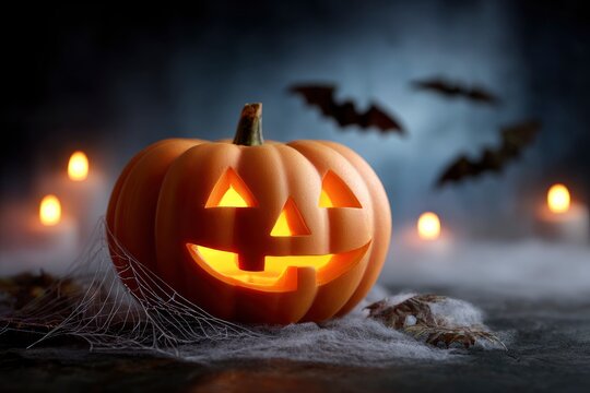 A carved pumpkin with a glowing face is centered amid candles bats  spiderwebs