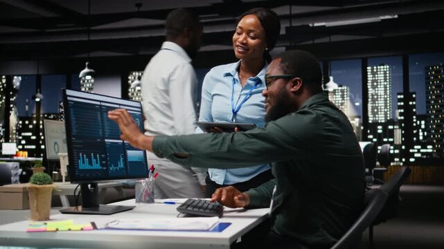 African american coworkers doing high five after successful collaboration, working together for a business mission. Teamwork with unity and support for cheerful people, winning. Camera A.