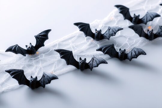 A collection of black bat figures rests atop a white faux spiderweb against a pale backdrop
