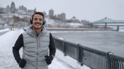 Happy man jogging outdoors in winter wearing headphones and a warm vest near a snowy riverside path with city buildings in distance